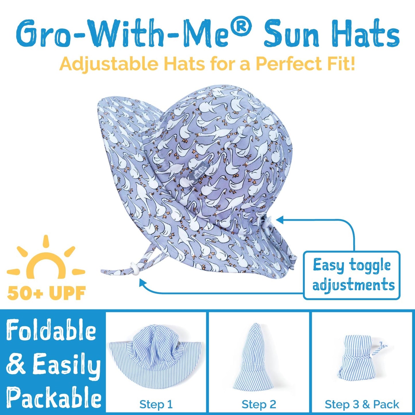Grow-With-Me 50+ UPF Baby and Toddler Adjustable Cotton Floppy Sun Hat | Blue Stripes