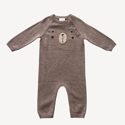 Bear Embroidered Long Sleeve Knit Baby Jumpsuit (Organic) | Cafe Latte