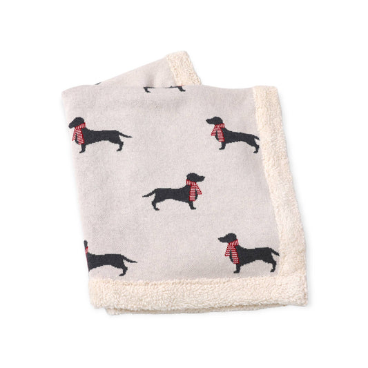 Cozy Sherpa Knit Baby Blanket | Dachshund with Red Scarf