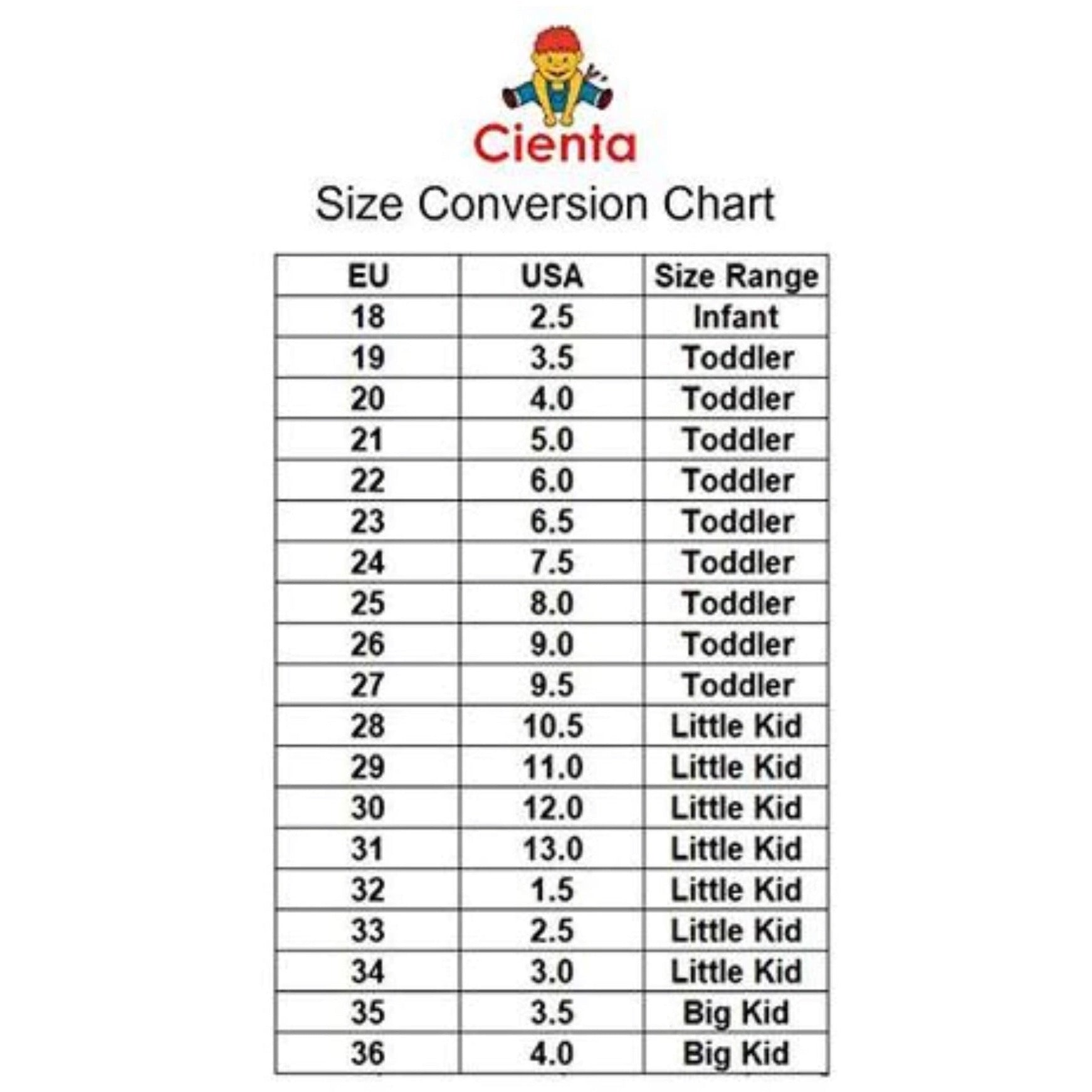 Big kid store shoes size conversion