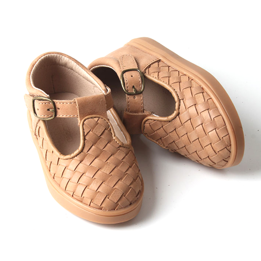 Consciously Baby Leather Woven T-Bar Shoe | Sand
