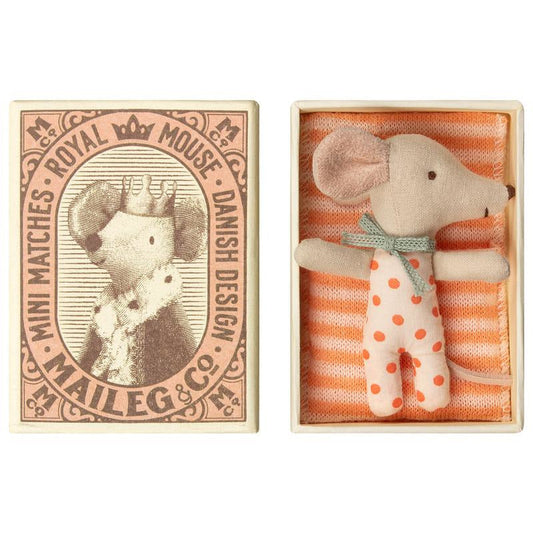 linen plush baby mouse with coral one piece outfit in striped bedding in a matchbox bed