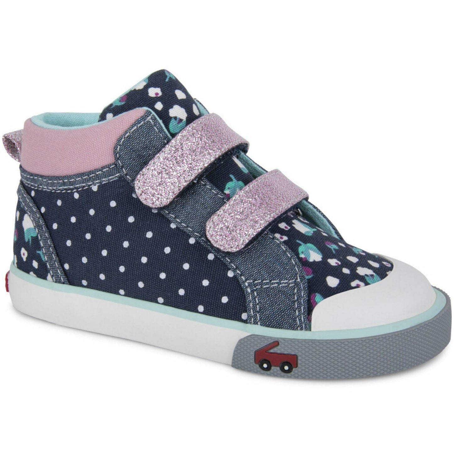 high top toddler sneaker Navy and pink straps with polka dots