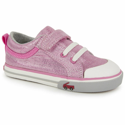 toddler sneaker with pink shimmer and white laces