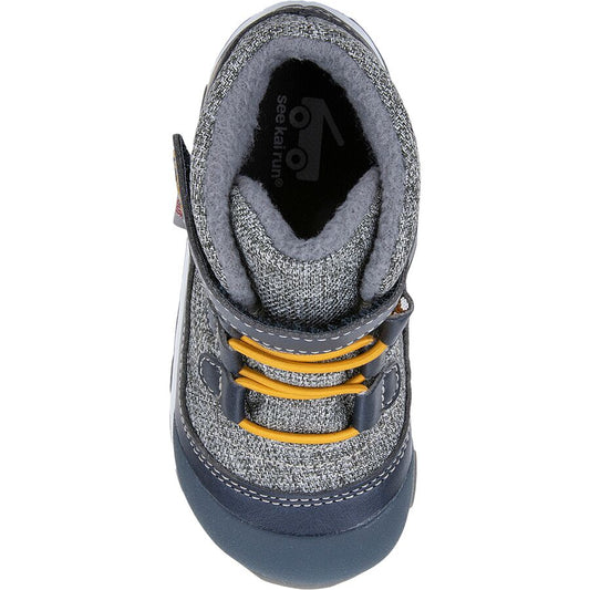 waterproof Grey and navy boot with yellow laces