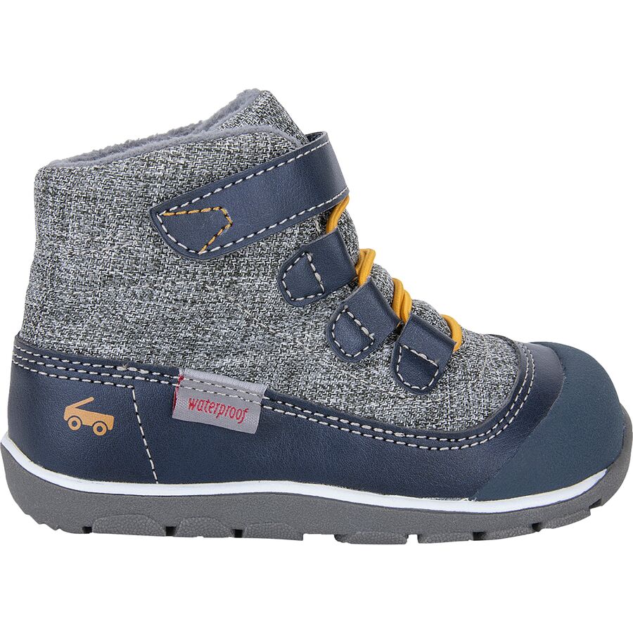side view of waterproof Grey and navy boot with yellow laces