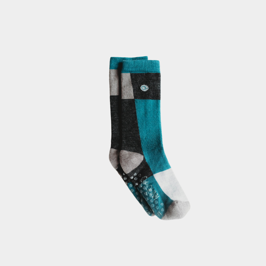 Merino Wool Lightweight Kids Socks | Teal Blocks