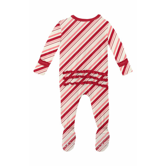Kickee Pants Bambo Muffin Ruffle Footie with Zipper | Candy Cane Stripe