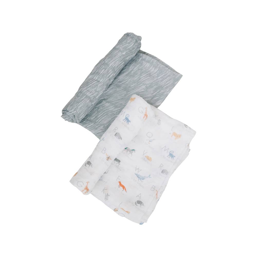 Animal Alphabet + Grey Crayon Muslin Swaddle Blanket Set