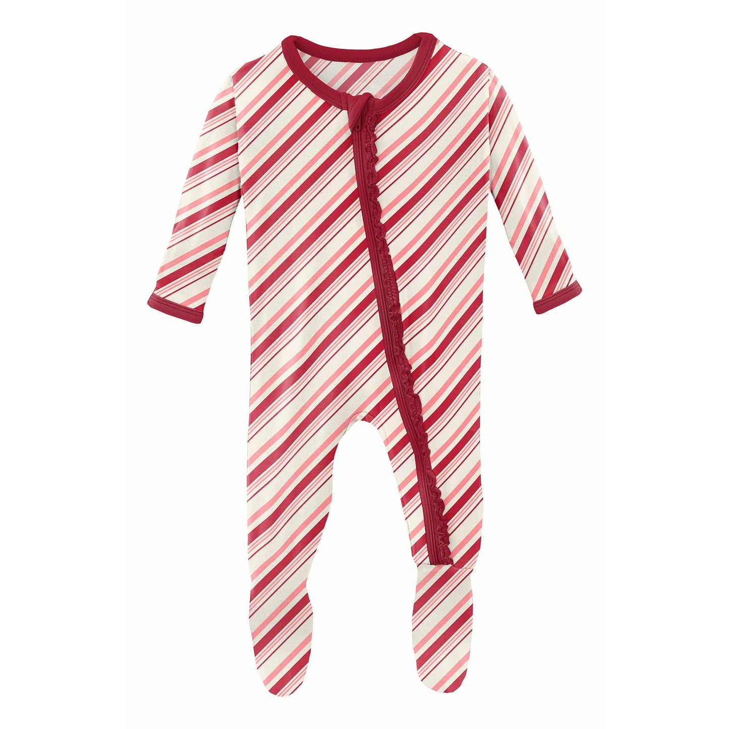 Kickee Pants Bambo Muffin Ruffle Footie with Zipper | Candy Cane Stripe