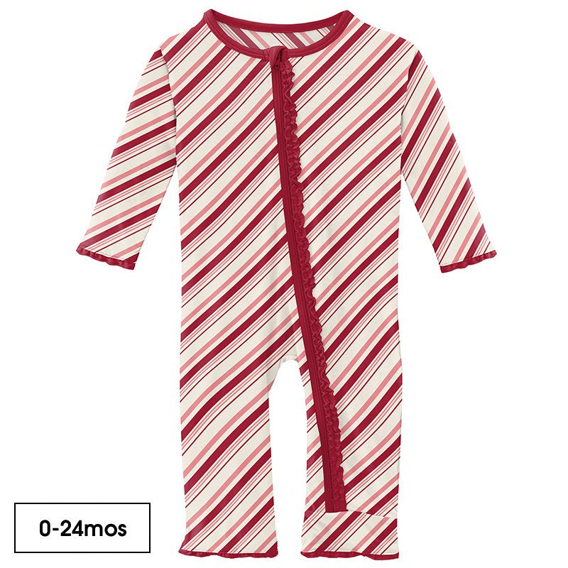 KicKee Pants Bamboo Muffin Ruffle Coverall with Zipper | Strawberry Candy Cane Stripe