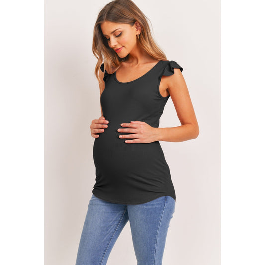 Ruffle Sleeve Ribbed Maternity Top | Black